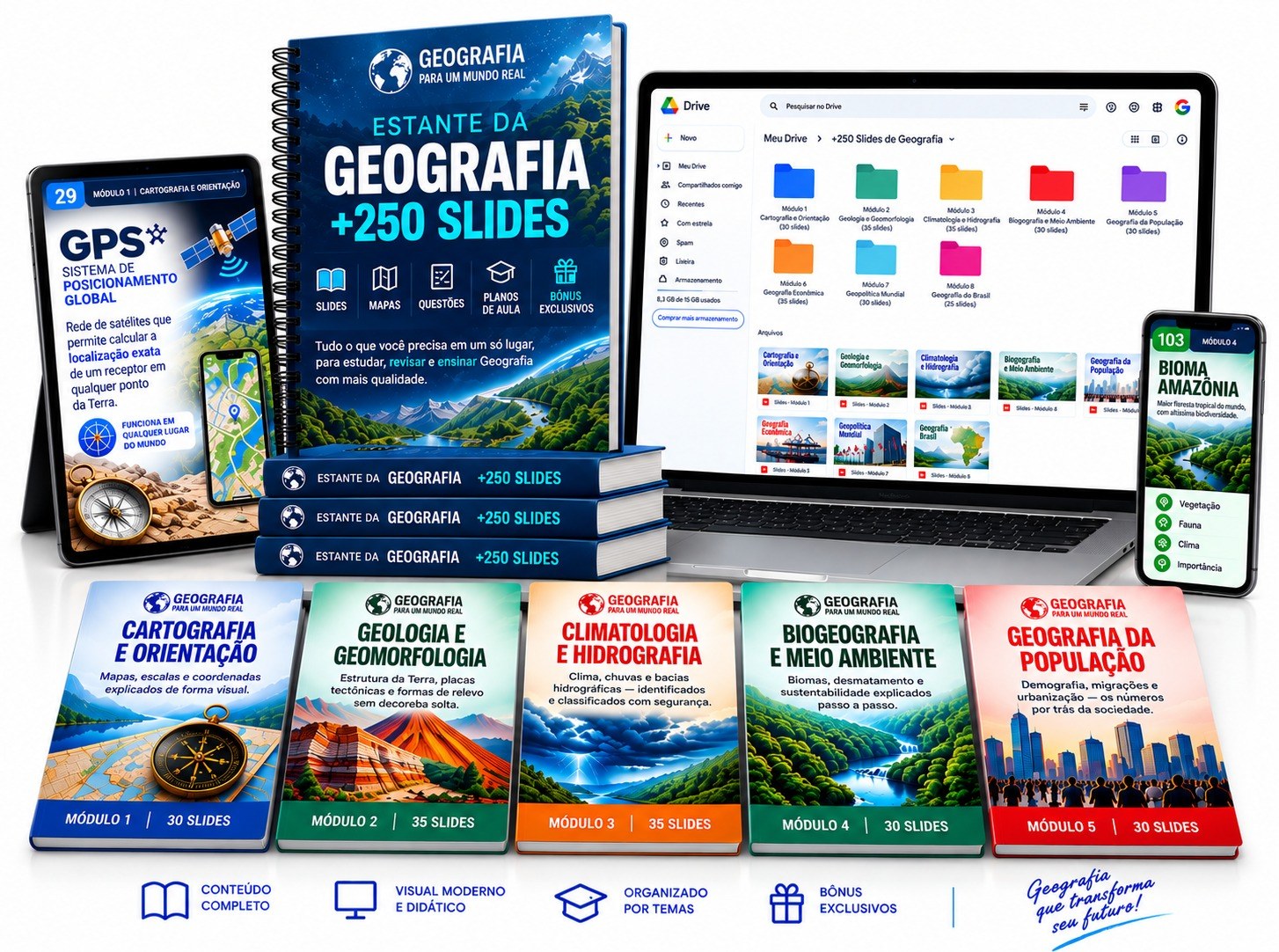 +250 Slides Visuais de Geografia Prontos - Mockup do Produto